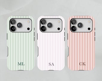 Custom Initial Phone Case, Blush Pink Striped Monogram Cover for iPhone 16 Pro Max MagSafe Magnetic fits Samsung S26
