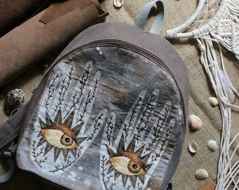 Women's backpack with embroidery and handmade painting