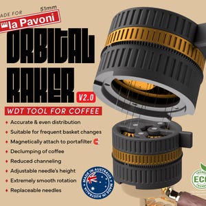 51mm Orbital Raker v2.0 - Premium Magnetic Coffee WDT Tool  - for Coffee machine ie. La Pavoni (2 needle options 0.25mm / 0.35mm )