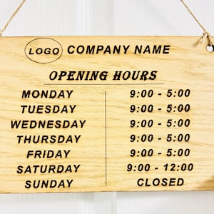 Custom Wooden Opening Hours Sign with Business Logo Company Name for barber shop office small business, front door opening hours times