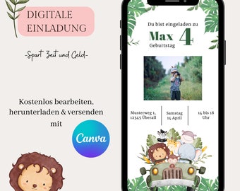 Invitation card children's birthday Safari invitation digital, eCard birthday invitation children invitation via WhatsApp template Canva