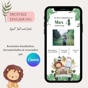 Einladungskarte Kindergeburtstag Safari Einladung digital, eCard Geburtstagseinladung Kinder Einladung per WhatsApp Vorlage Canva