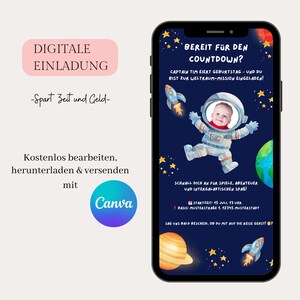 Digitale Einladung Kindergeburtstag Weltraum, Astronauten Geburtstag Junge, personalisierbare E-Card WhatsApp Einladung, Einladung mit Foto