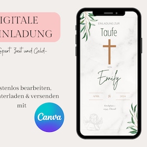 Invitation au baptême numérique, carte électronique d’invitation au baptême, minimaliste, modèle personnalisé Canva, invitation au baptême WhatsApp