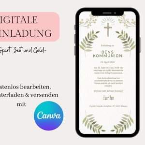Digitale Einladung Kommunion, Einladung zur Kommunion eCard, personalisierbare Vorlage Canva, WhatsApp Einladung, Erstkommunion, modern