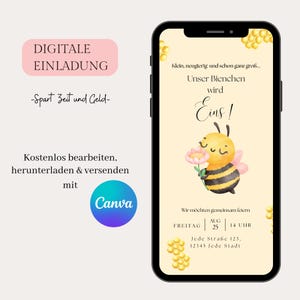 Invitación digital para cumpleaños infantiles, tarjeta electrónica personalizable, invitación de WhatsApp, invitación de cumpleaños de abeja, plantilla Canva, invitación boho