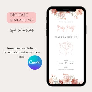 Digitale Einladung zur Baby Party mit personalisierten Daten zum Versenden per WhatsApp, Canva digitale Einladungskarte, Ecard Babyshower