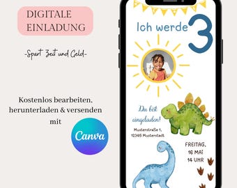 Invitación digital cumpleaños infantil, invitación WhatsApp dinosaurio, eCard cumpleañero, invitación foto personalizada, plantilla Canva digital