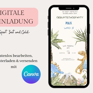 Convite digital aniversário infantil, Convite WhatsApp dinossauro, eCard aniversariante menino, convite personalizado com foto, Template Canva digital