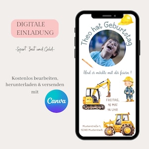 Convite digital para aniversário infantil, convite eletrônico customizável para WhatsApp, convite de aniversário para celular, modelo Canva, escavadeira
