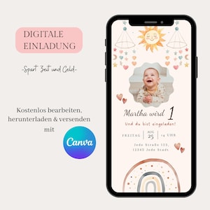 Convite digital para aniversário infantil, convite eletrônico customizável para WhatsApp, convite de aniversário para celular, modelo Canva, convite boho