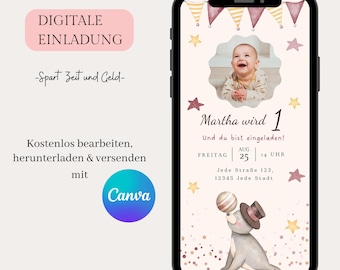 Invitación digital para cumpleaños infantiles, tarjeta electrónica personalizable, invitación para WhatsApp, invitación de cumpleaños móvil, plantilla Canva, invitación boho
