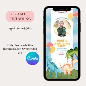 Cartão de convite aniversário infantil convite Dino digital, eCard convite aniversário infantil convite dinossauro via WhatsApp template Canva