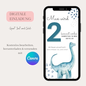 Cartão de convite de aniversário infantil dinossauro convite digital, convite de aniversário eCard convite infantil dinossauro via modelo WhatsApp Canva