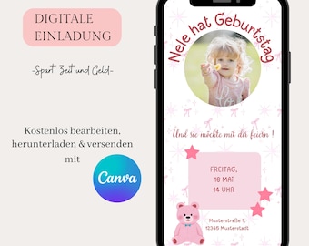 Invitación digital para cumpleaños infantil, invitación WhatsApp con tarjeta electrónica personalizable, invitación de cumpleaños para celular, plantilla Canva, invitación boho