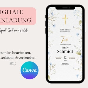 Digitale Einladung zur Taufe, Einladung zur Taufe e-Card, minimalistisch, personalisierte Vorlage Canva, WhatsApp Taufeinladung