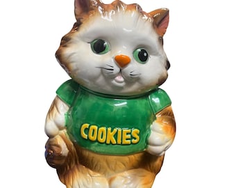 Vintage 1950's Japan Cat Cookie Jar – Brown Green Kitten Kitchen Decor