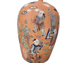 Vintage Chinese Large Peach Porcelin lidded boys play Macau Chinoserie SKU 9736