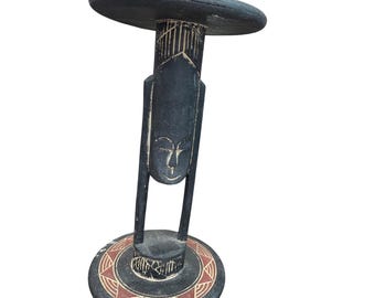 VTG Black red African style wood mask face carved tribal stand SKU 9738