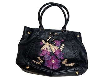 Isabella Fiore vintage leather tossled floral handbag purse SKU 3227