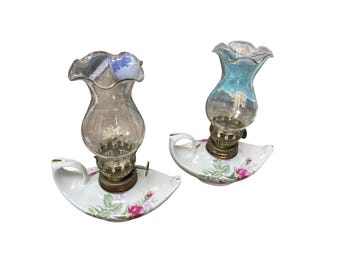 Victorian Edwardian pair ceramic brass Floral finger oil boudoir lamps SKU 9735