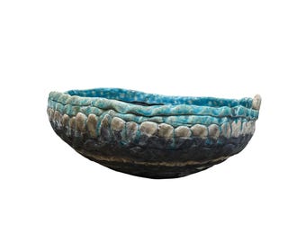Handcrafted textured 13" round large blue black ceramic bowl 13"d x 5"H SKU 9760