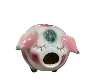 Hull USA Porky Pig pink green ceramic piggy bank Figurine pottery SKU 9732