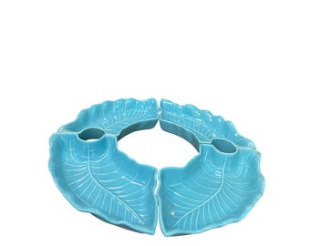 USA 1950's Vintage Turquoise Leaf Ceramic Serving Platter Set Of 4 SKU 9737