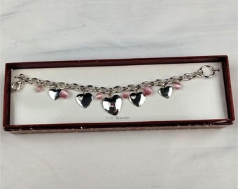 Vintage Women's Silver 7.5" Bracelet W/ Heart Round Charms SKU 3765