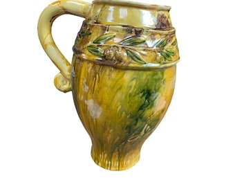 Italian Handmade VTG yellow green rustic glazed ceramic jug pitcher SKU 9766