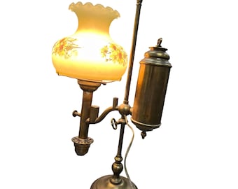 Lámpara de aceite alemana VTG de latón de 21" convertida a eléctrica/globo floral amarillo SKU 10-026