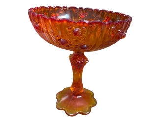 Amberina Vtg pressed floral glass pedestal compote candy dish SKU 9767