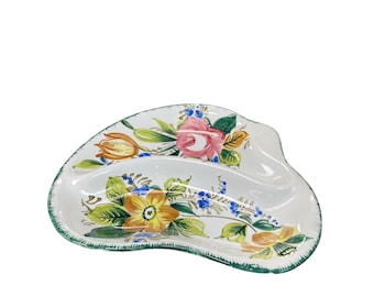 Italian Handmade vintage floral ceramic divided serve trinkey dish tray SKU 9768