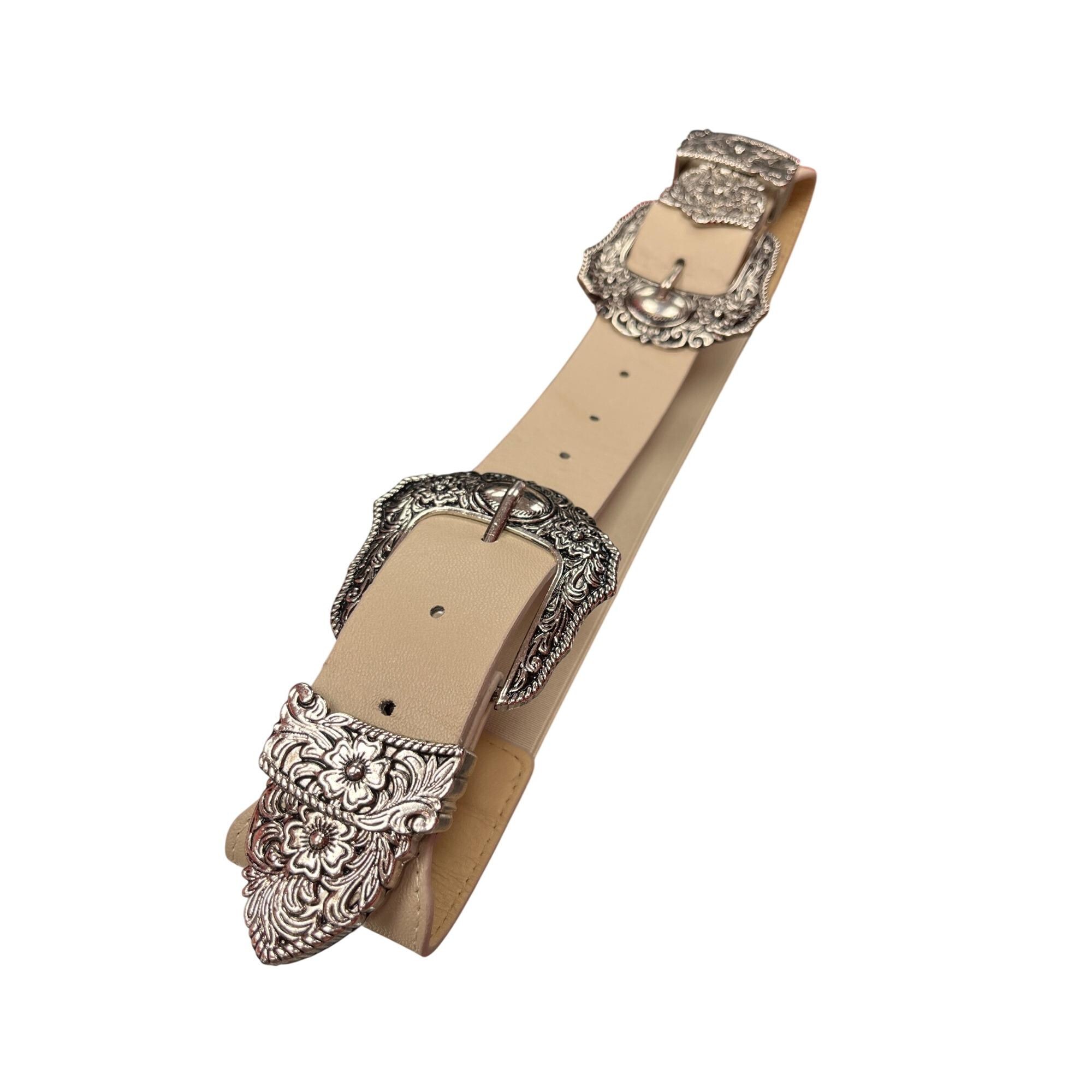 VTG Beige Floral Double Buckle Silver Plated Stretch Wms  display picture 2