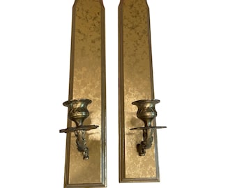 VTG Large solid brass wooden handmade wall candlestick sconces 17"x3"SKU 10-147