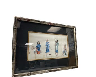 額入り 19世紀中国水彩画 - 秦の朝皇帝と侍従 オリジナルヴィンテージ