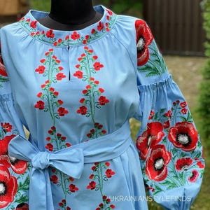 Close-up of the bodice of a light blue linen dress with red poppy embroidery on the chest and sleeves, featuring a tied belt.