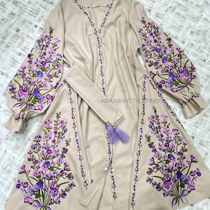 Linen Dress with Lavender Floral Embroidery, Short Ukrainian Folk Vyshyvanka