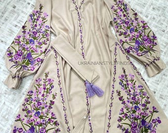 Linen Dress with Lavender Floral Embroidery, Short Ukrainian Folk Vyshyvanka