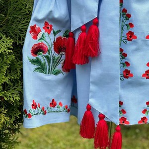 A close-up of the light blue linen dress shows red poppy embroidery on the skirt and a belt with red tassels hanging down.
