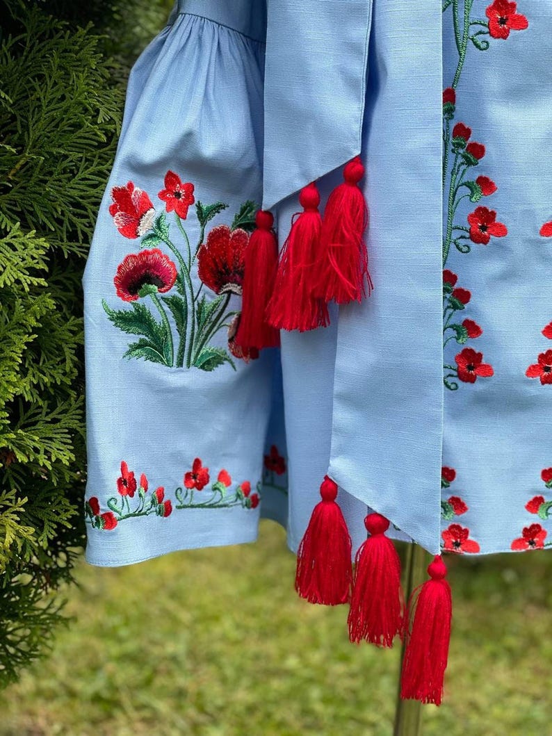 A close-up of the light blue linen dress shows red poppy embroidery on the skirt and a belt with red tassels hanging down.