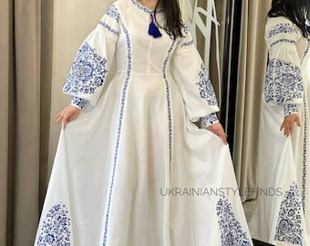 Blue Embroidered White Linen Maxi Dress, Ukrainian Folk Floral Design, Slavic Style, Sizes XS-3X