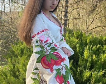 Embroidered Linen Dress with Pomegranate, Short Ukrainian Style XXS-1XL