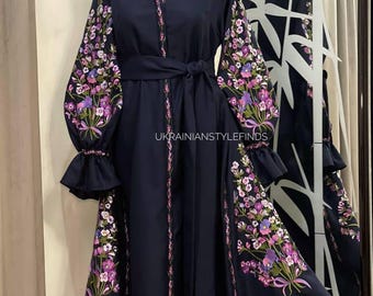 Summer linen dress with lavander, Fashion of Ukraine Navy Blue Embroidered Midi Dress, Cotton Balloon Sleeve Folk Style