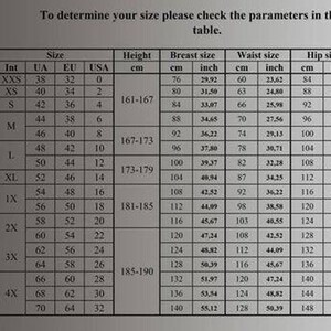 A size chart with measurements in inches and centimeters for women's clothing sizes XXS to 3X, next to a silhouette of a woman.