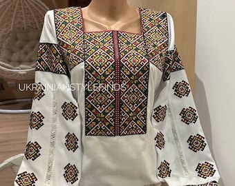 Colorful bohemian blouse with embroidery in the Ukrainian style, white cotton shirt,easy wear, spring clothes,boho wear,ukrainian vyshyvanka