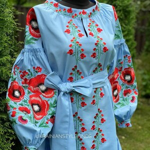 A light blue linen dress with red poppy embroidery on the bodice and sleeves, and a tied belt, is shown on a mannequin against a green hedge.