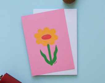 Carte postale simple linogravure "Fleur jaune et orange"