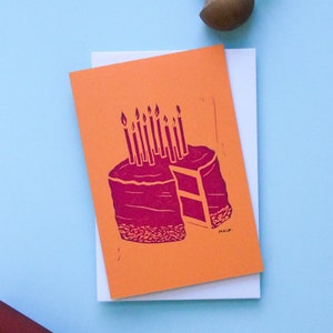 Double linocut postcard Birthday cake Orange