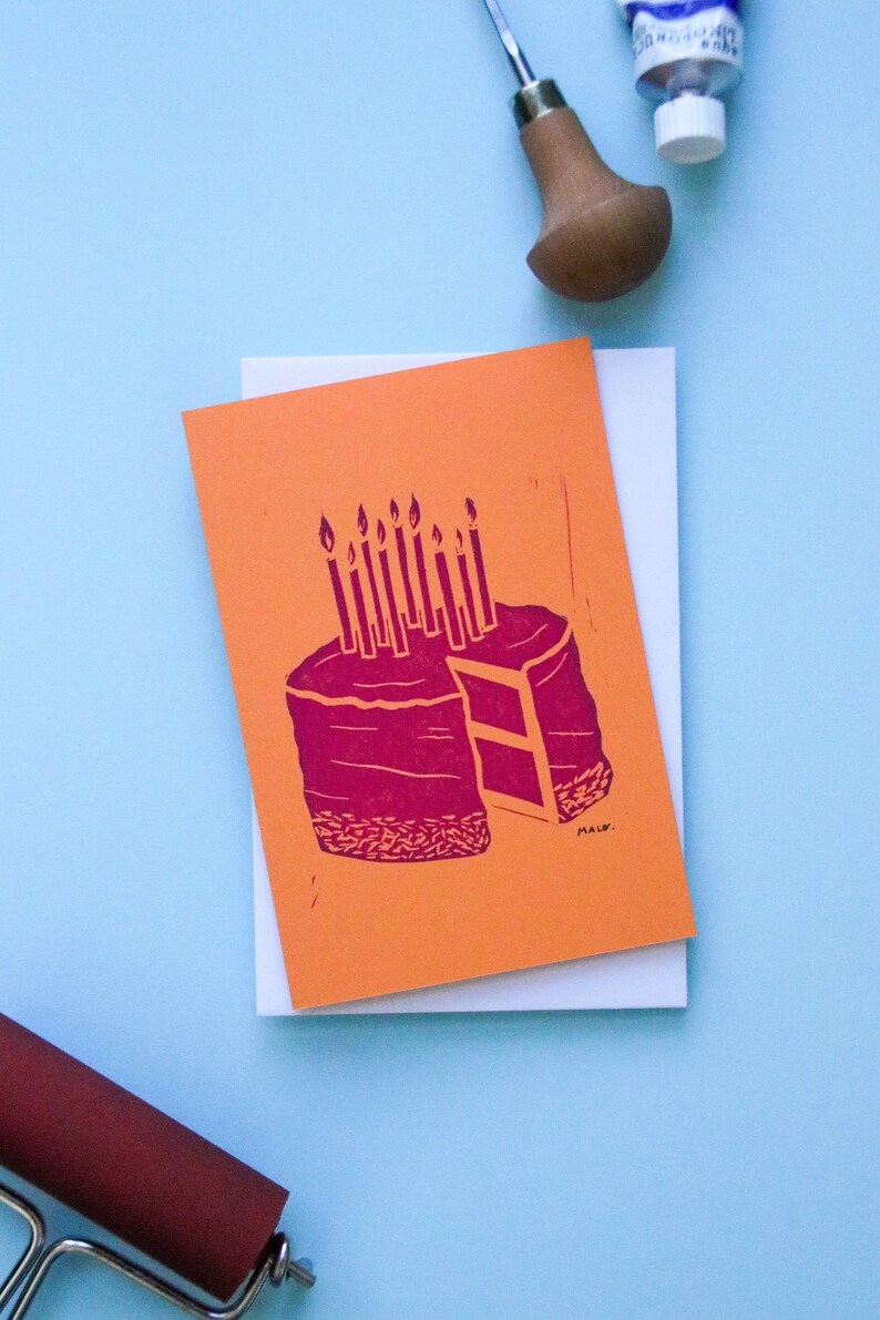 Double linocut postcard Birthday cake Orange